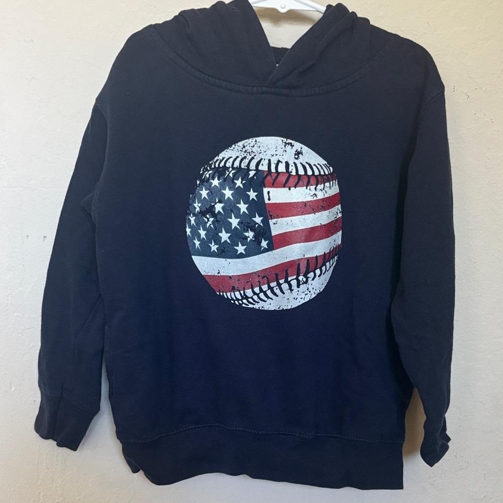 Rabbit Skins Navy Hoodie with American Flag Baseball Graphic